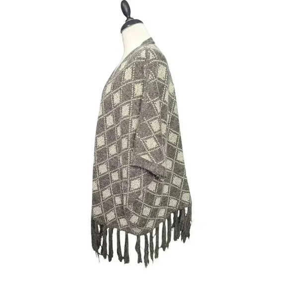 Women's Brown Tan Argyle Oversized Open Front Fringe Cardigan Sweater M/L - Picture 4 of 6